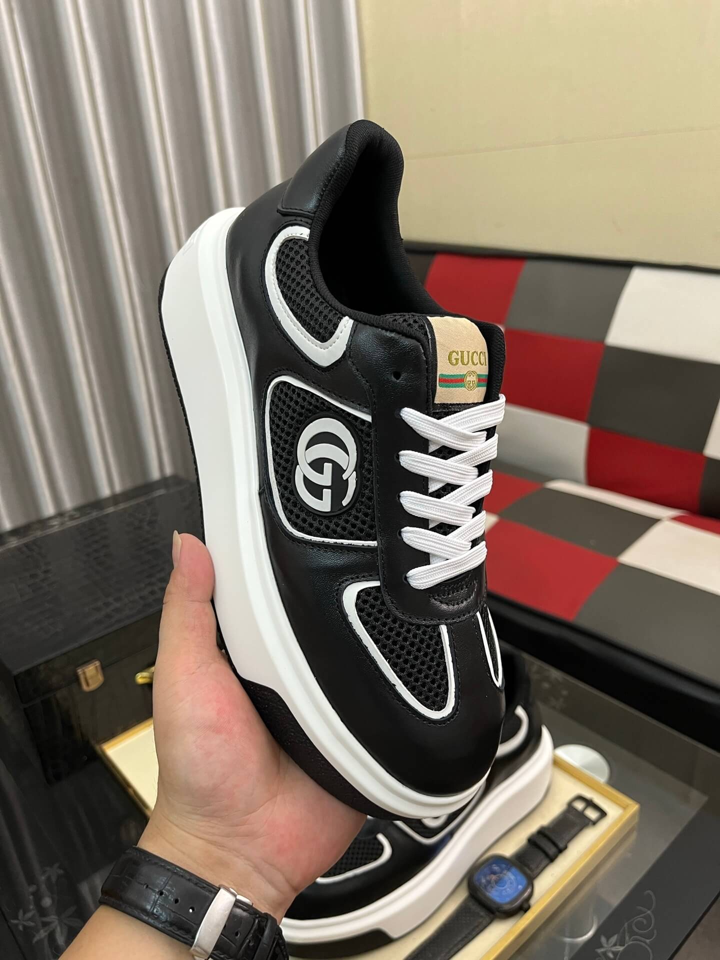 Gucci Men's Sneaker - Interlocking G Chunky - Black Leather Low-Top 3 Gucci GG Chunky Men's Black And White Low Top Sneakers.