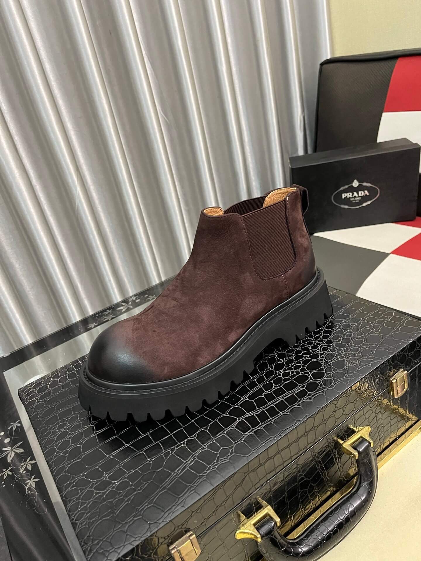 Prada Boot - Burgundy Suede - Contrast Lug Sole Chelsea 3 Prada Tod's men's shoes