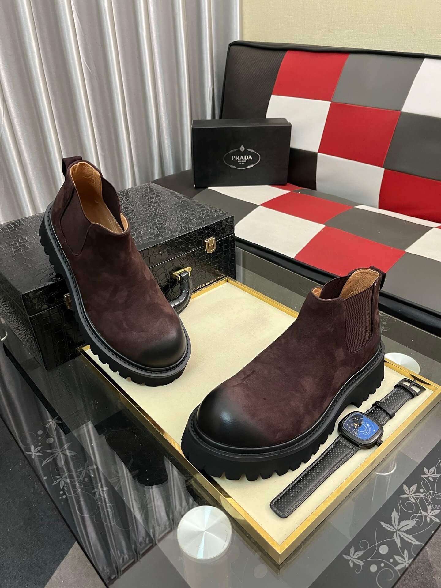 Prada Boot - Burgundy Suede - Contrast Lug Sole Chelsea 1 Prada Tod's men's shoes