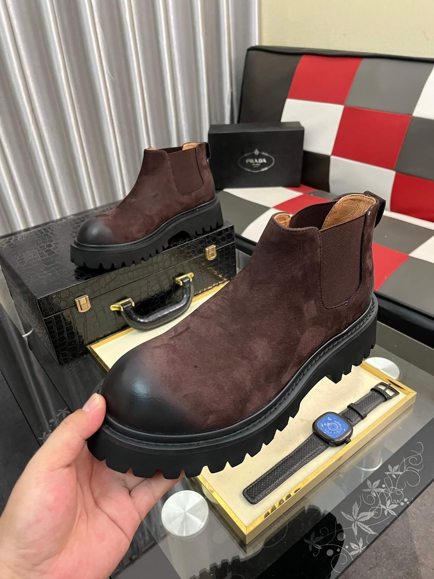 Prada Boot - Burgundy Suede - Contrast Lug Sole Chelsea 7 Prada Tod's men's shoes