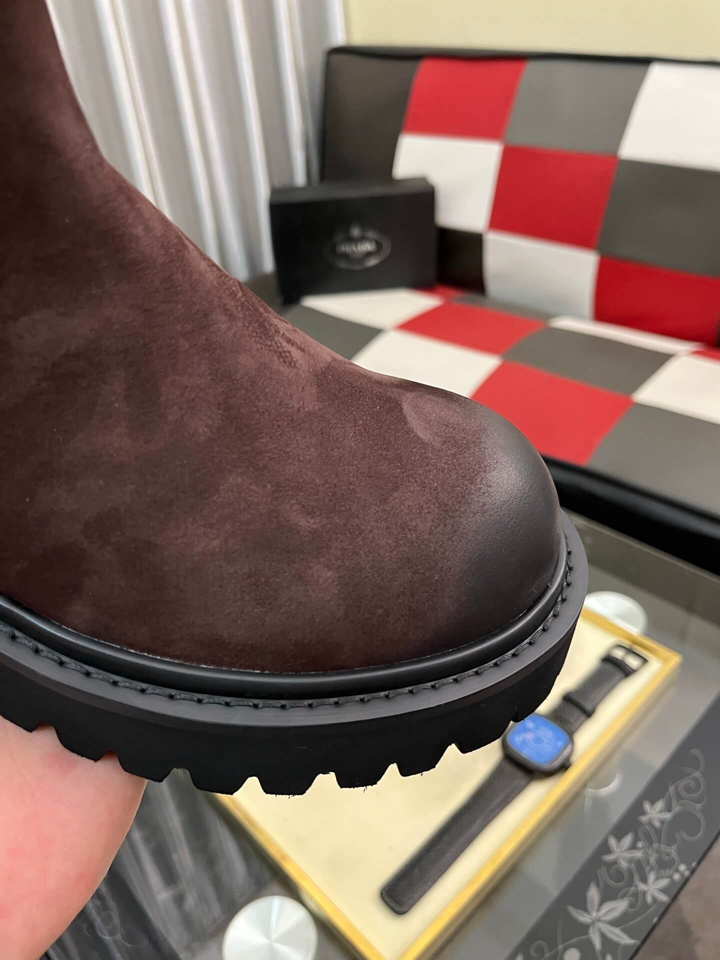 Prada Boot - Burgundy Suede - Contrast Lug Sole Chelsea 6 Prada Tod's men's shoes