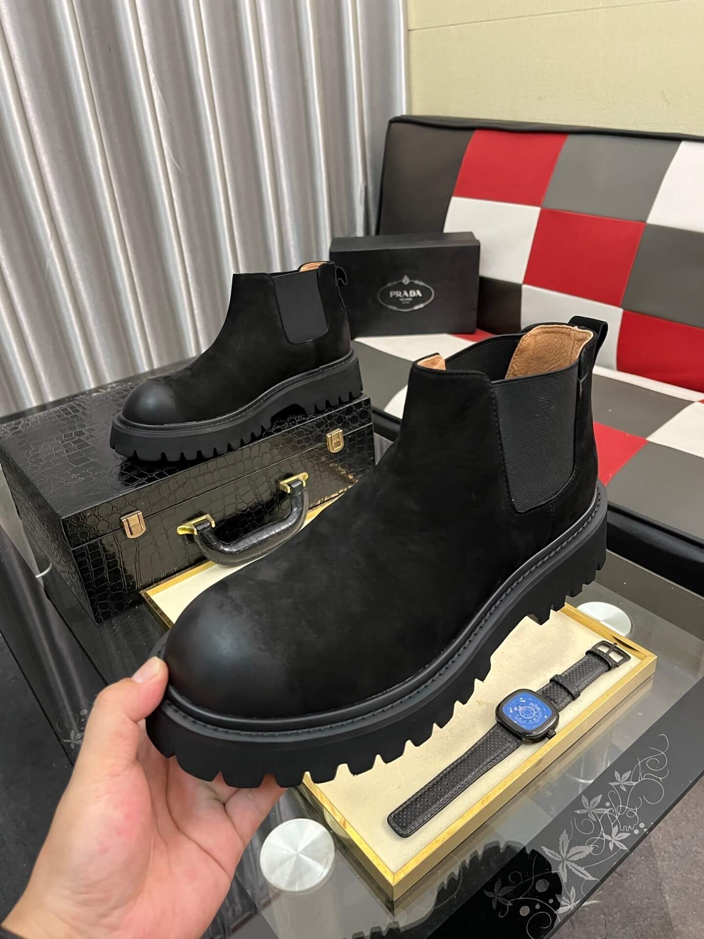 Prada Boot - Black Suede - Lug Sole Chelsea Boot 8 Prada Tod's men's shoes