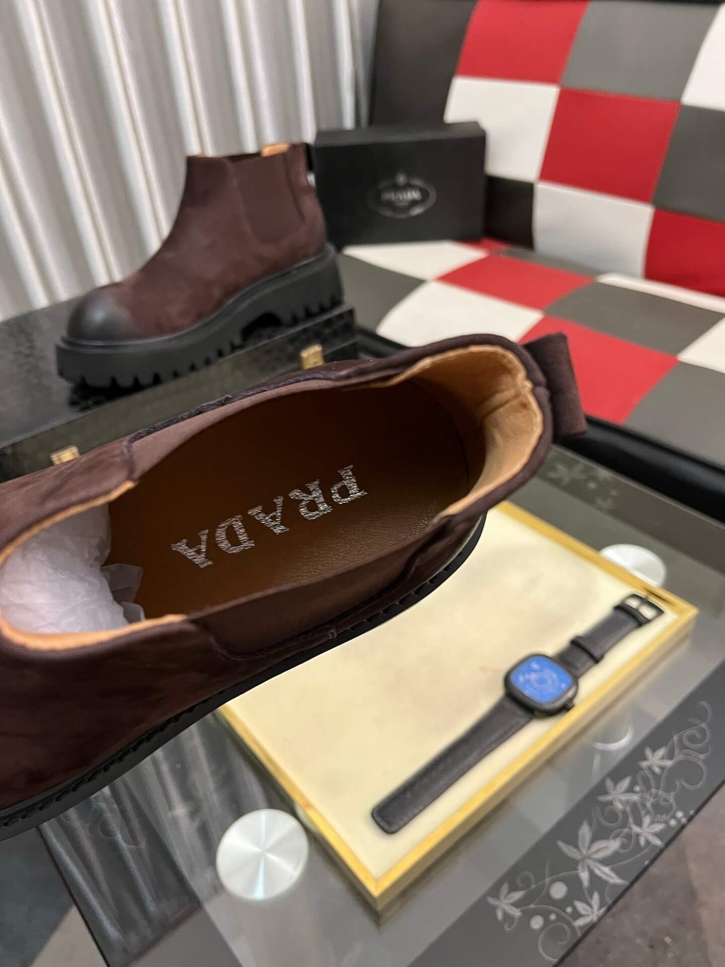 Prada Boot - Burgundy Suede - Contrast Lug Sole Chelsea 8 Prada Tod's men's shoes