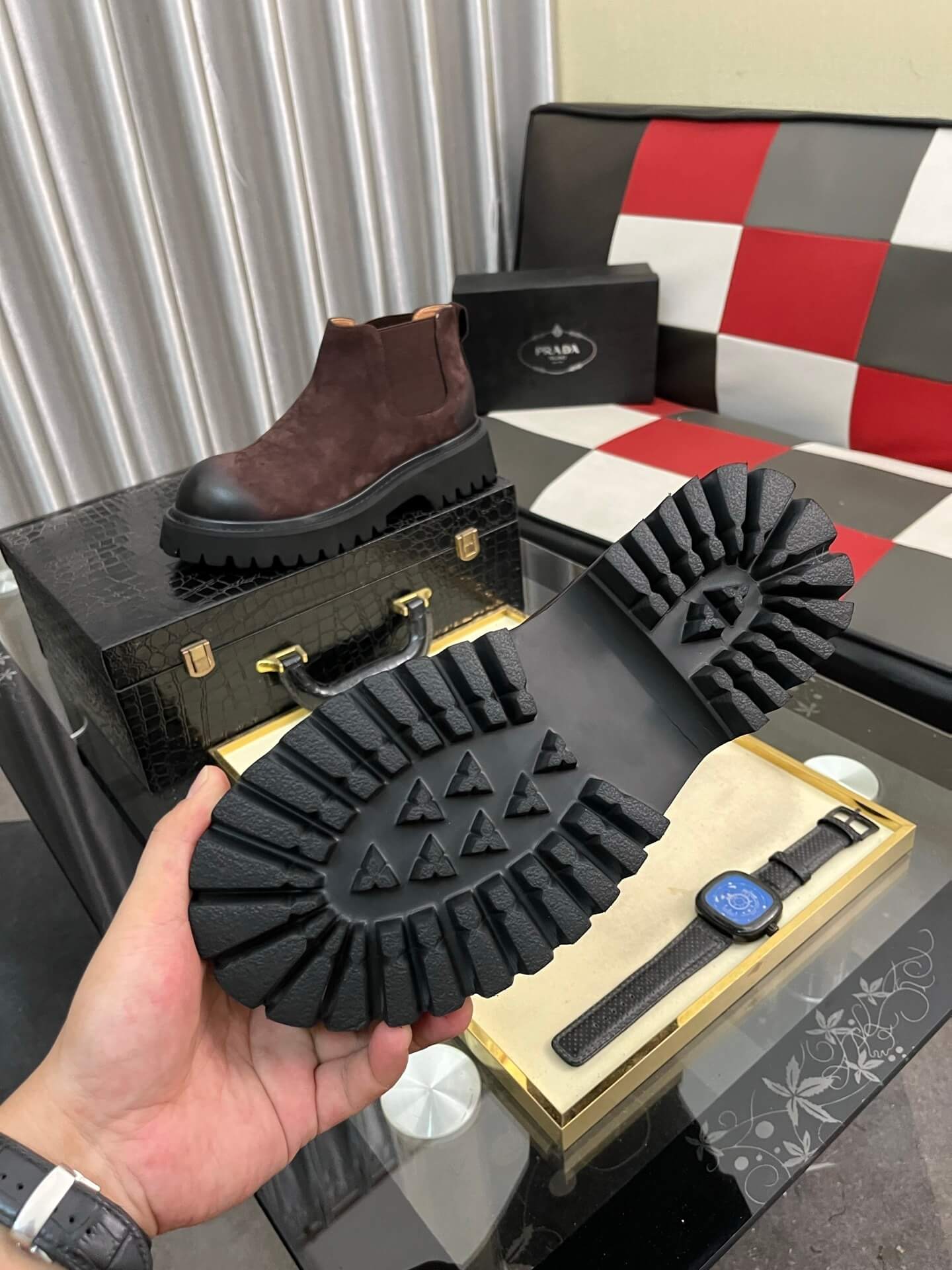 Prada Boot - Burgundy Suede - Contrast Lug Sole Chelsea 2 Prada Tod's men's shoes