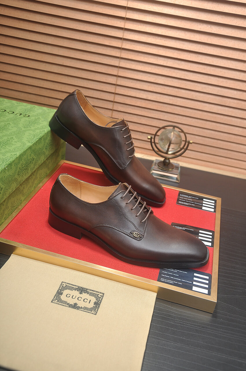Gucci Dark Brown Textured Derby Shoes 1 Brown leather Gucci men's formal lace-up derby