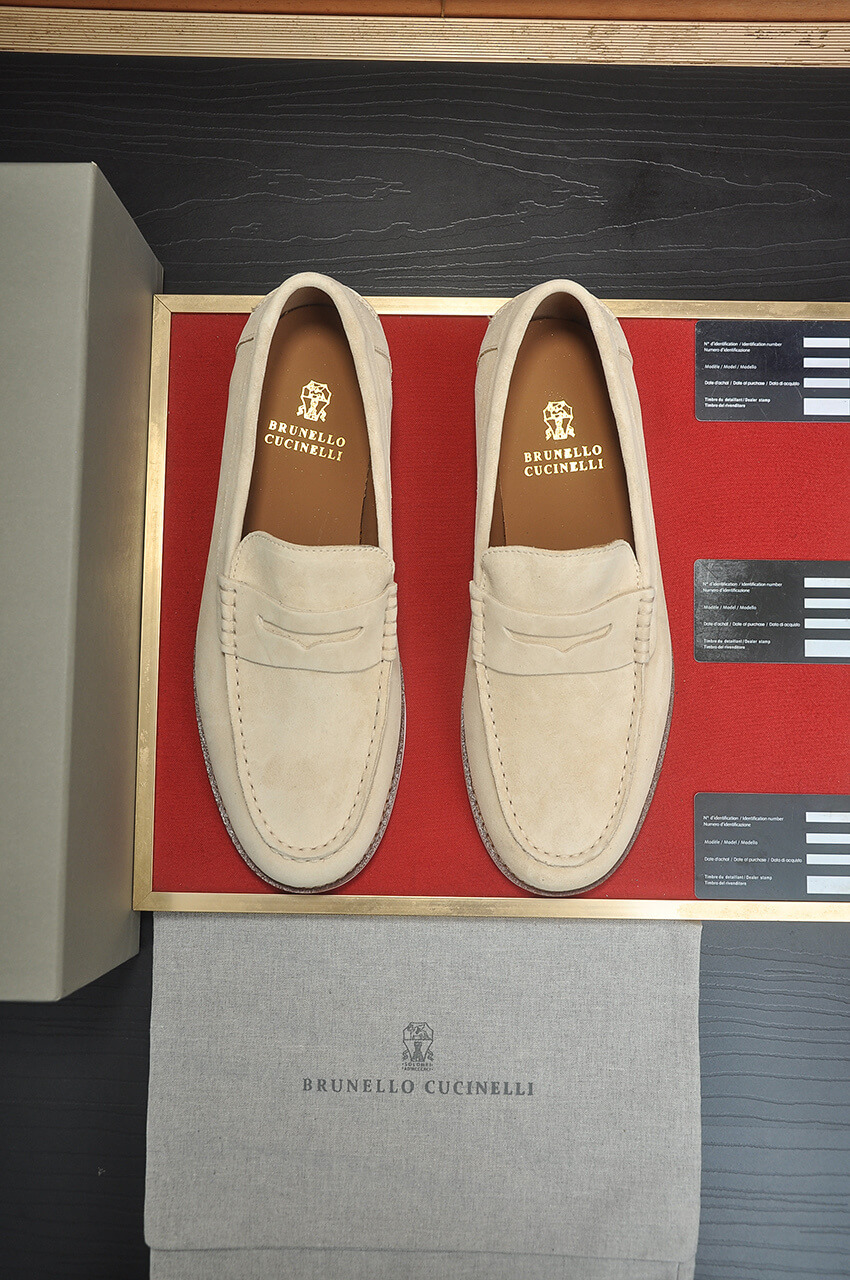 Brunello Cucinelli Suede Penny Loafers Off-White 10 Brunello Cucinelli Flex Suede Penny Loafers