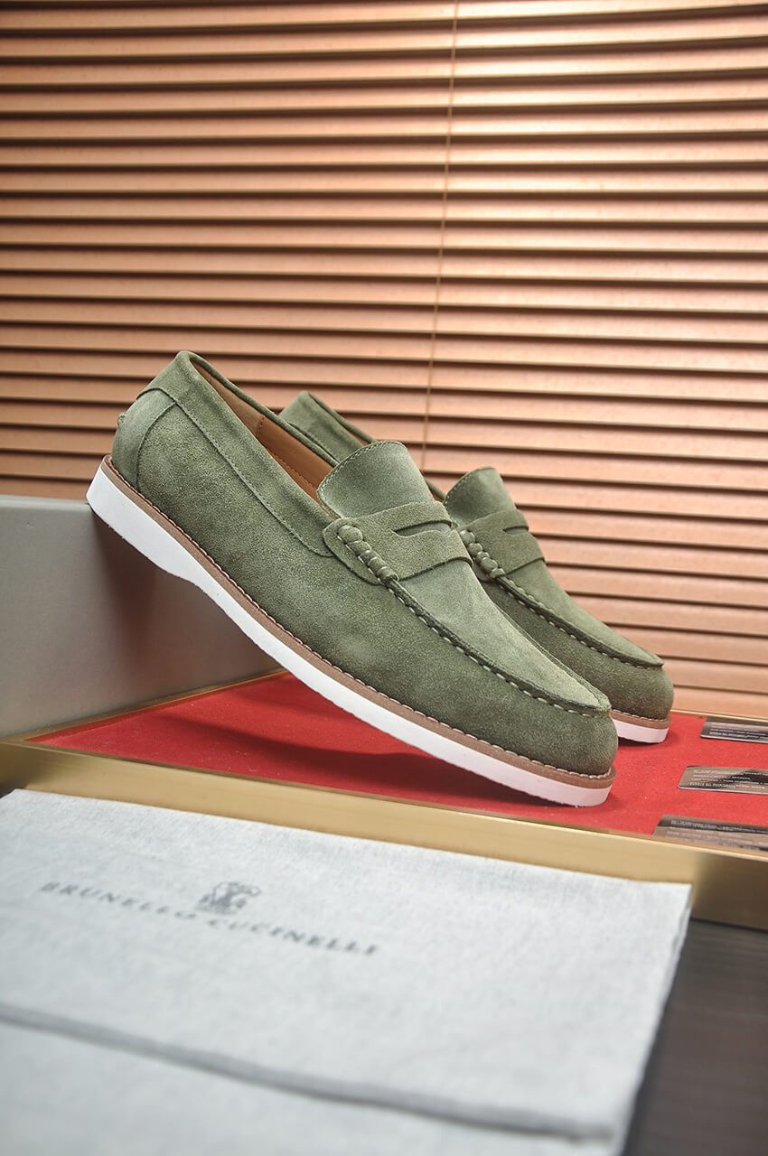 Brunello Cucinelli Olive Green Suede Penny Loafers 3 Brunello Cucinelli Flex Suede Penny Loafers