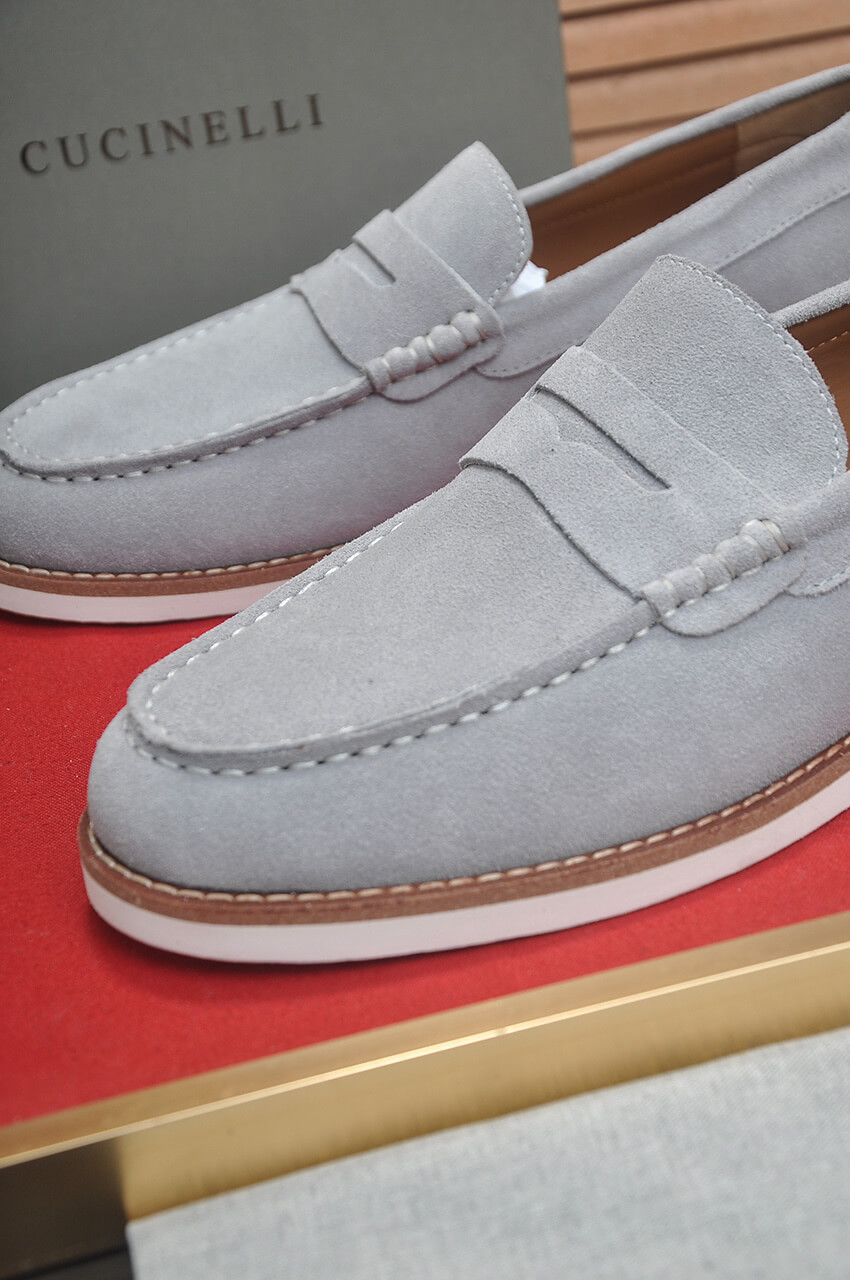 Brunello Cucinelli Suede Penny Loafers Light Gray 2 Brunello Cucinelli Flex Suede Penny Loafers