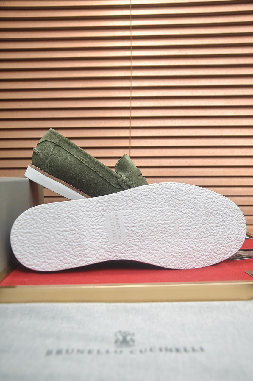 Brunello Cucinelli Olive Green Suede Penny Loafers 5 Brunello Cucinelli Flex Suede Penny Loafers