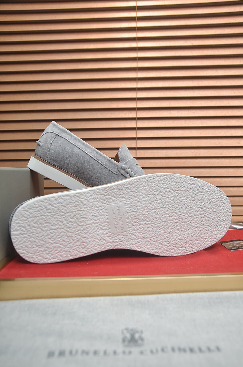 Brunello Cucinelli Suede Penny Loafers Light Gray 8 Brunello Cucinelli Flex Suede Penny Loafers