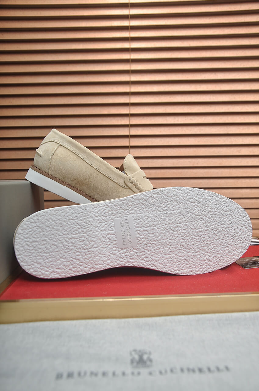 Brunello Cucinelli Suede Penny Loafers Off-White 8 Brunello Cucinelli Flex Suede Penny Loafers