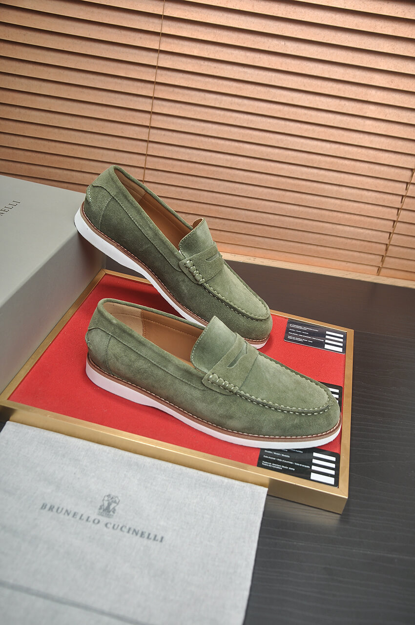 Brunello Cucinelli Olive Green Suede Penny Loafers 1 Brunello Cucinelli Flex Suede Penny Loafers