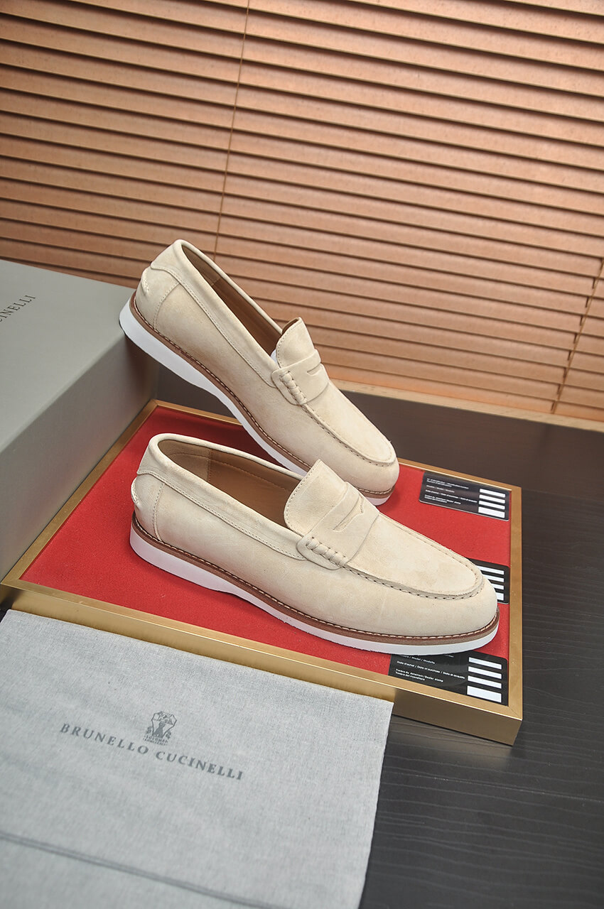 Brunello Cucinelli Suede Penny Loafers Off-White 1 Brunello Cucinelli Flex Suede Penny Loafers