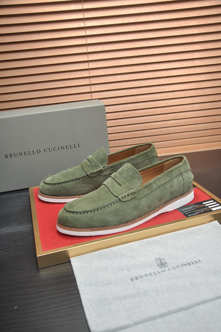Brunello Cucinelli Olive Green Suede Penny Loafers 10 Brunello Cucinelli Flex Suede Penny Loafers