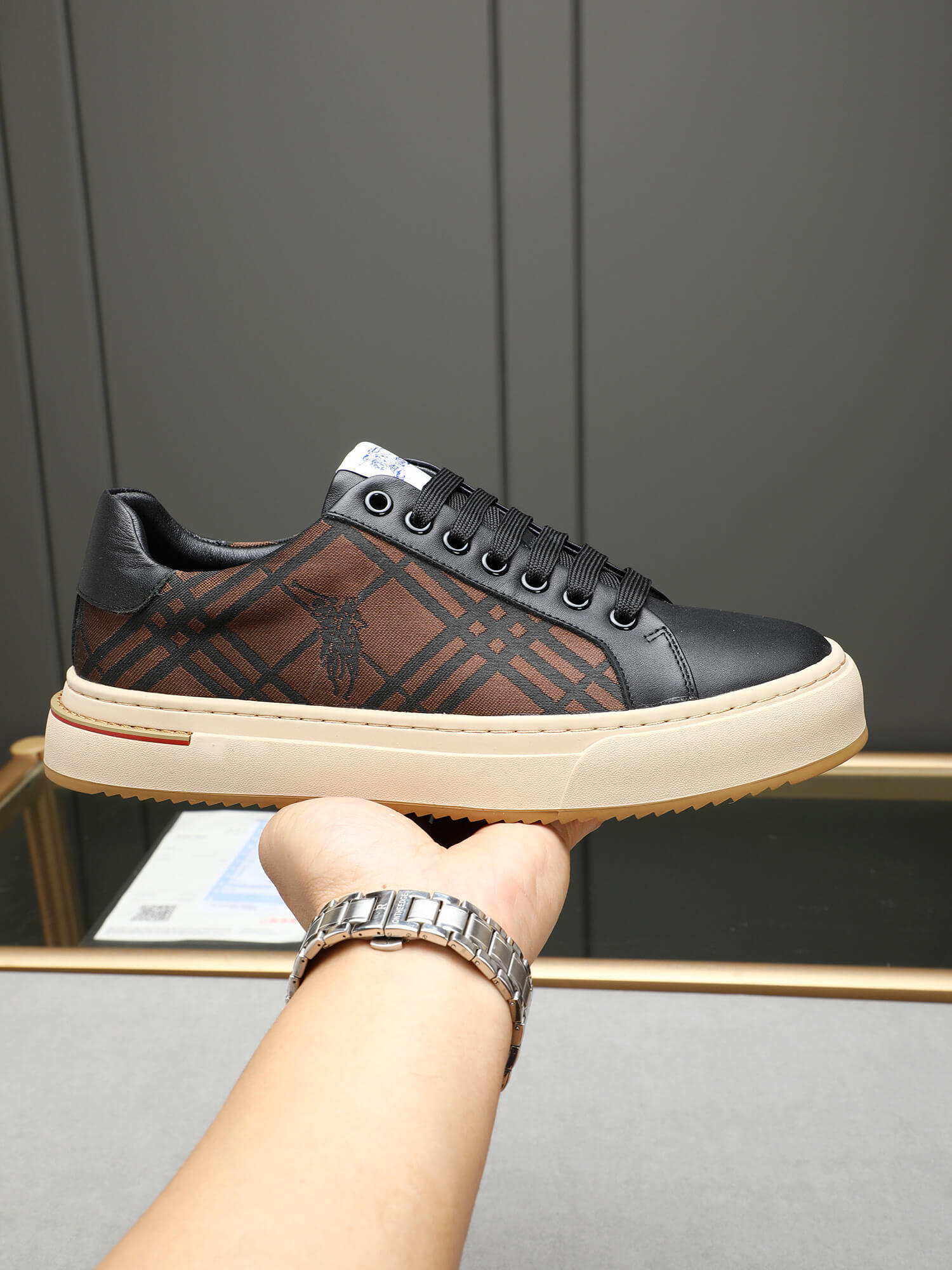 Burberry Sneaker - Monogram Check Canvas - Black & Gum Low-Top 4 Burberry brand's Vintage Check pattern.