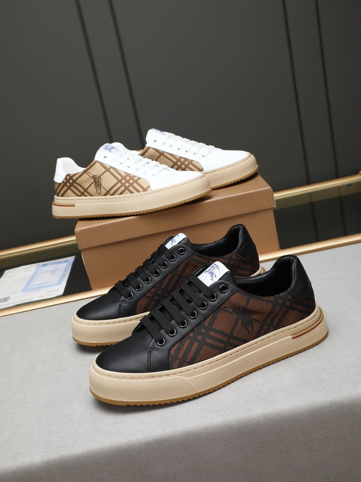 Burberry Sneaker - Monogram Check Canvas - Black & Gum Low-Top 3 Burberry brand's Vintage Check pattern.