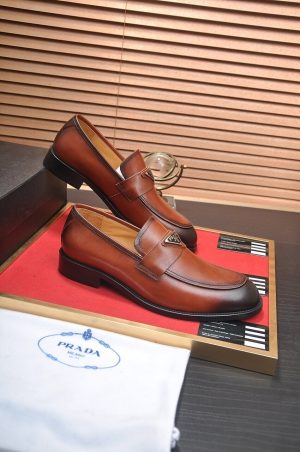 Prada -Chocolate -brushed -leather -loafers. (5) Prada Chocolate brushed leather loafers.