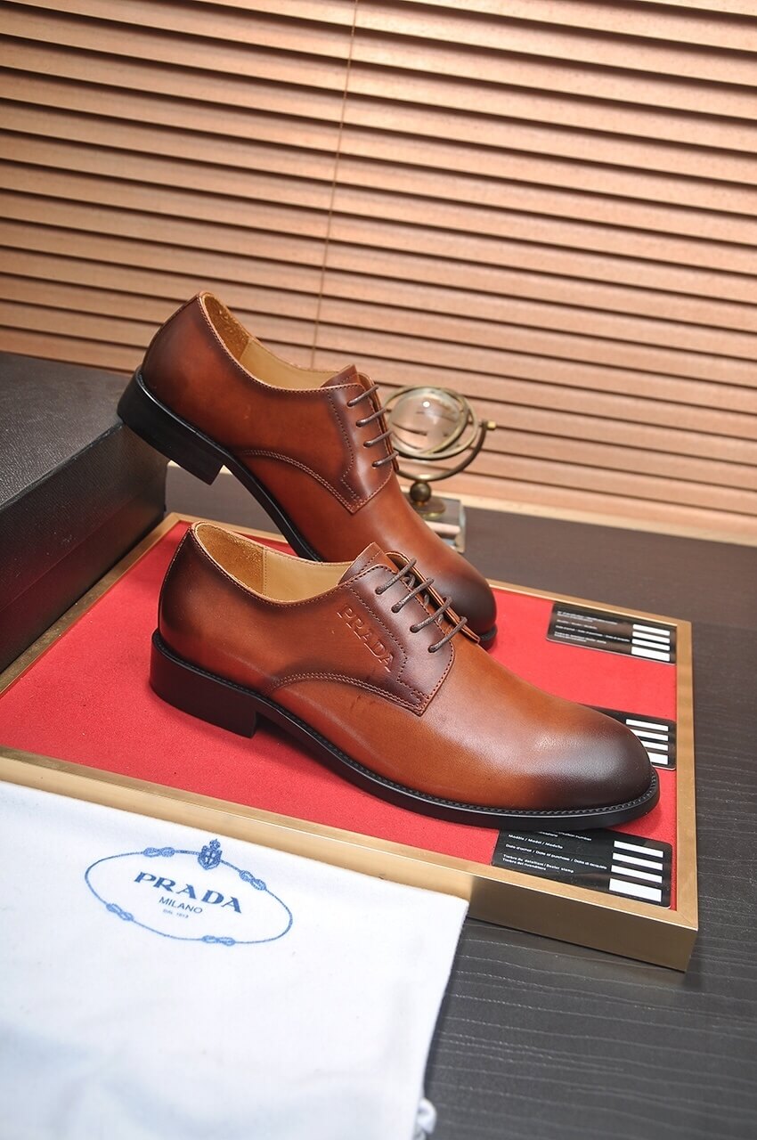 Prada Men's Formal Lace-Up Shoes Chestnut Brown 1 Prada leather men's oxford dress shoe.