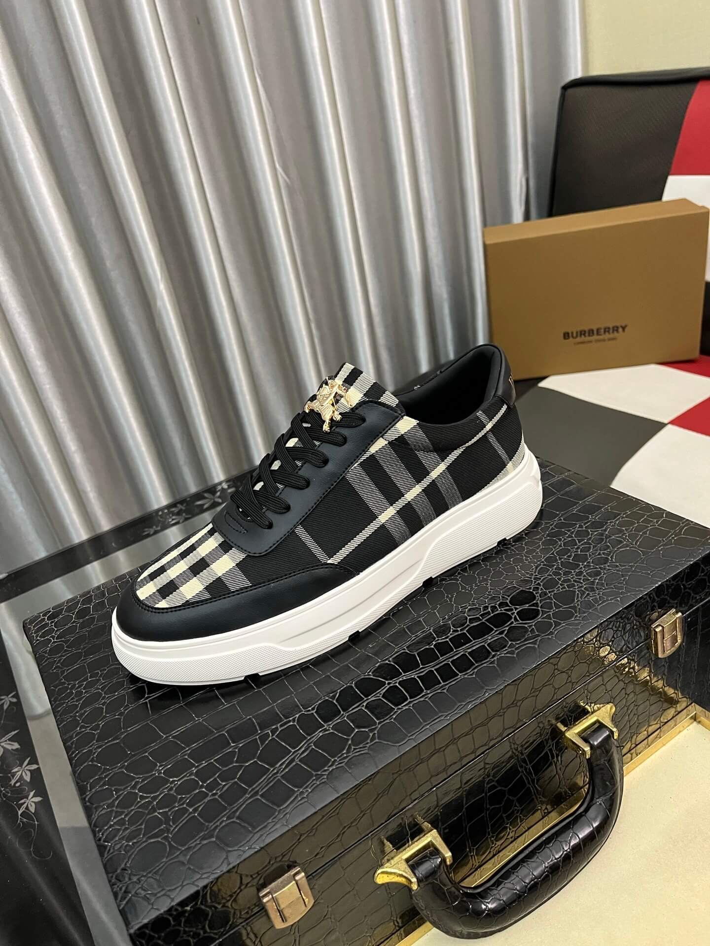 Burberry Terrace Sneaker Leather & Black|White Check Pattern 4 Burberry Leather and Check Terrace Sneakers