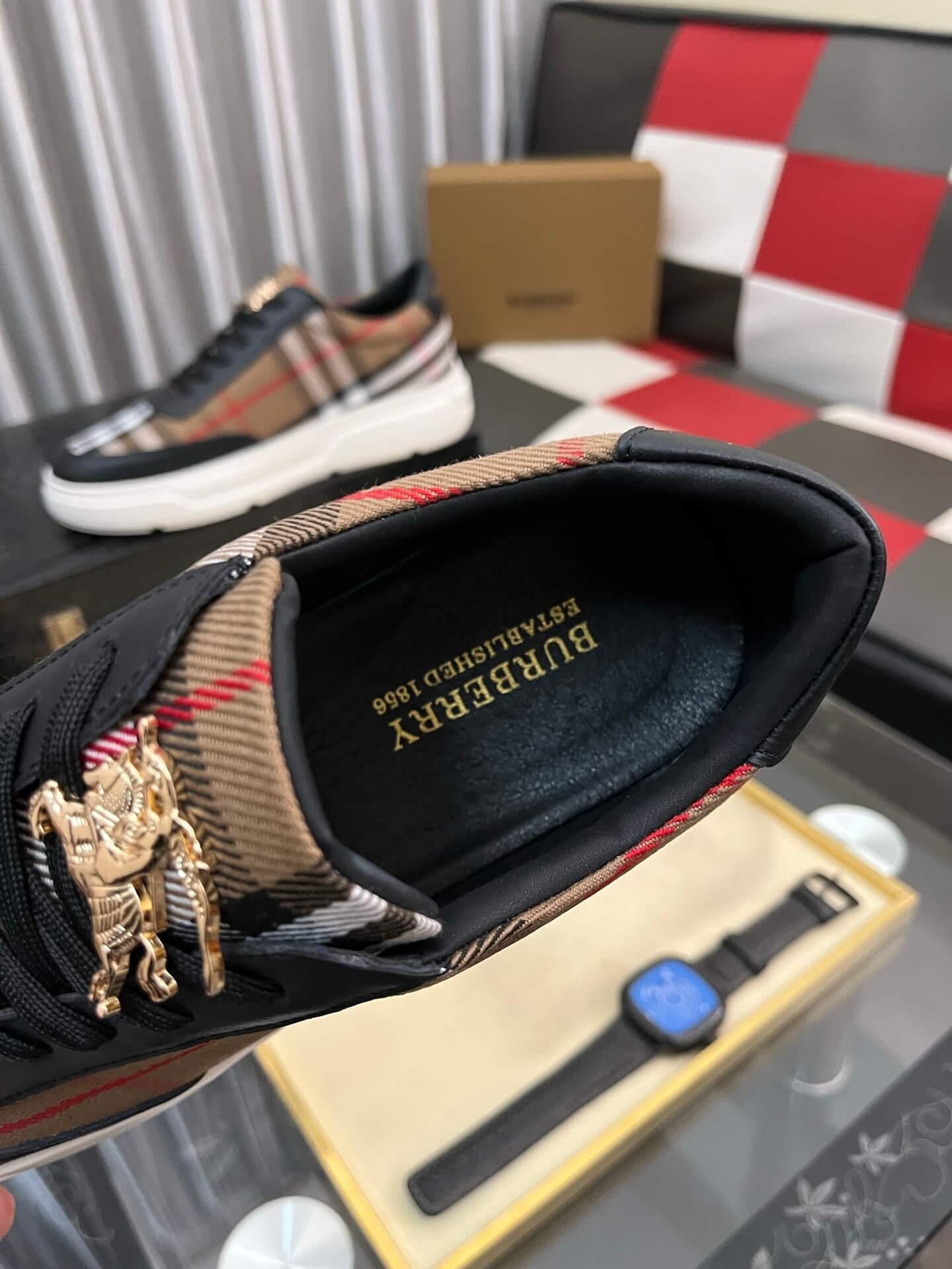 Burberry Terrace Sneaker Heritage Check & Leather Black/Sand 5 Burberry Leather and Check Terrace Sneakers