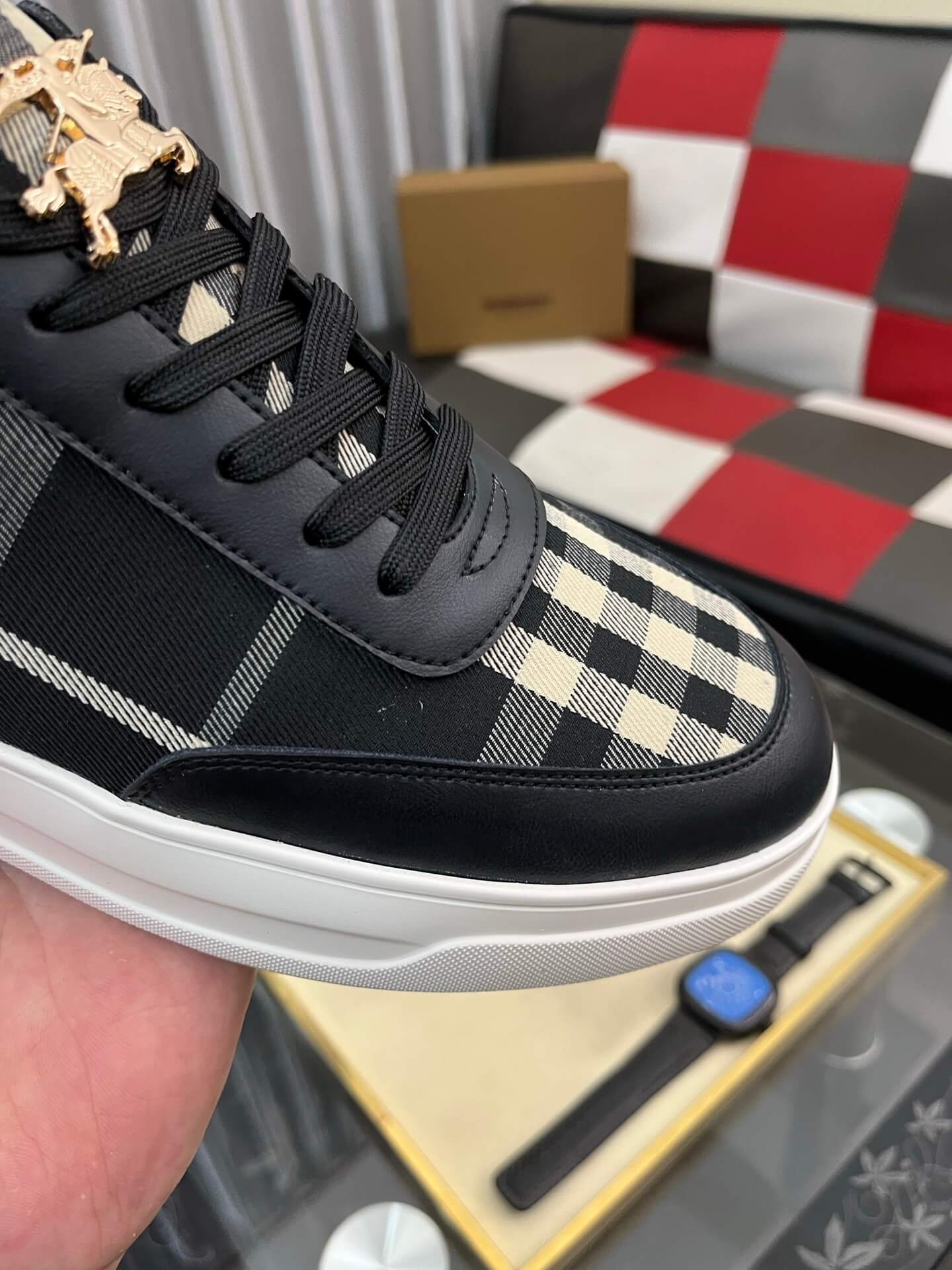 Burberry Terrace Sneaker Leather & Black|White Check Pattern 8 Burberry Leather and Check Terrace Sneakers