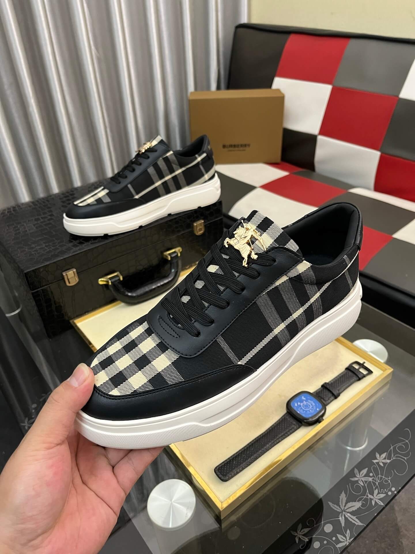 Burberry Terrace Sneaker Leather & Black|White Check Pattern 9 Burberry Leather and Check Terrace Sneakers