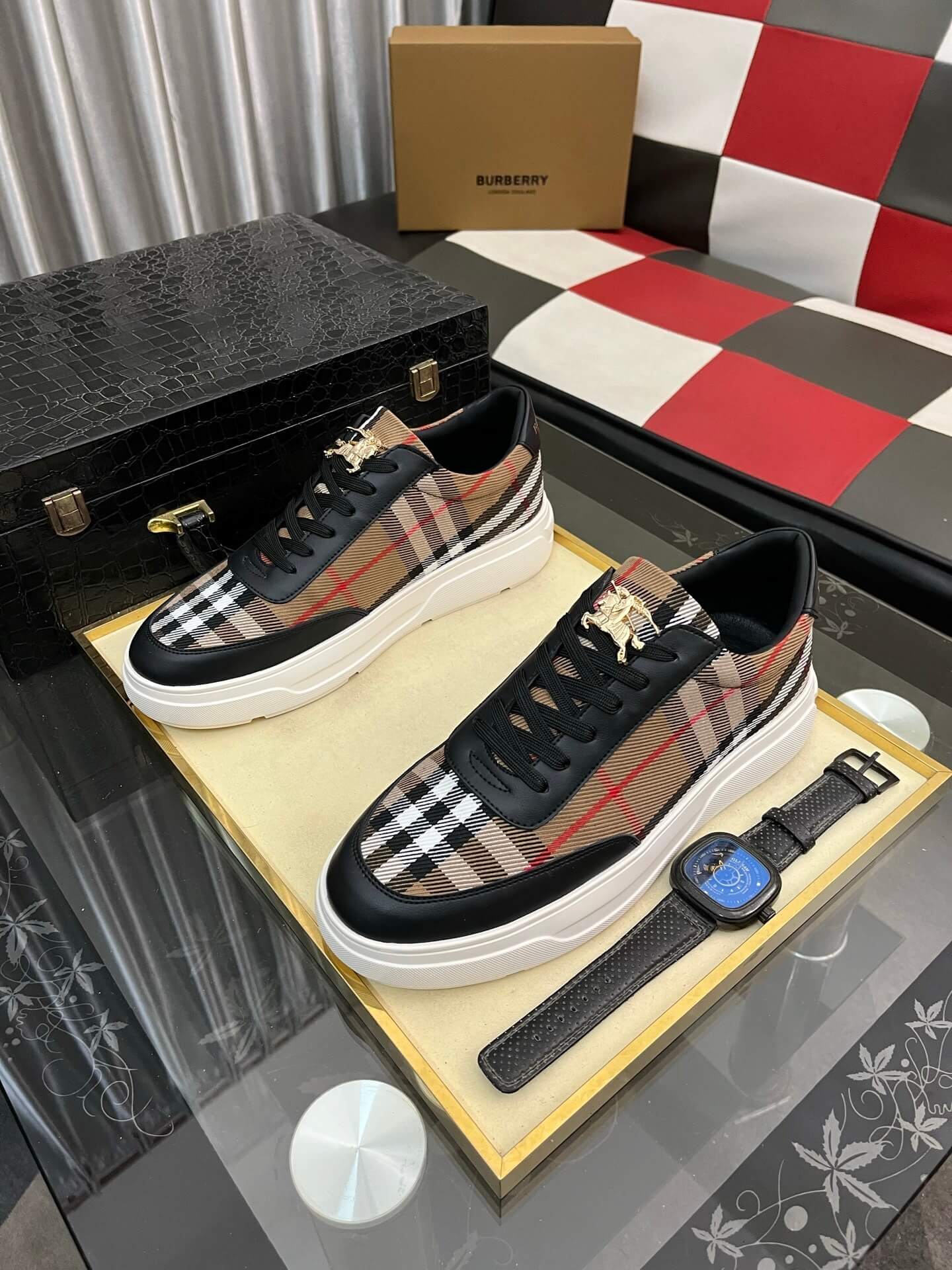 Burberry Terrace Sneaker Heritage Check & Leather Black/Sand 1 Burberry Leather and Check Terrace Sneakers