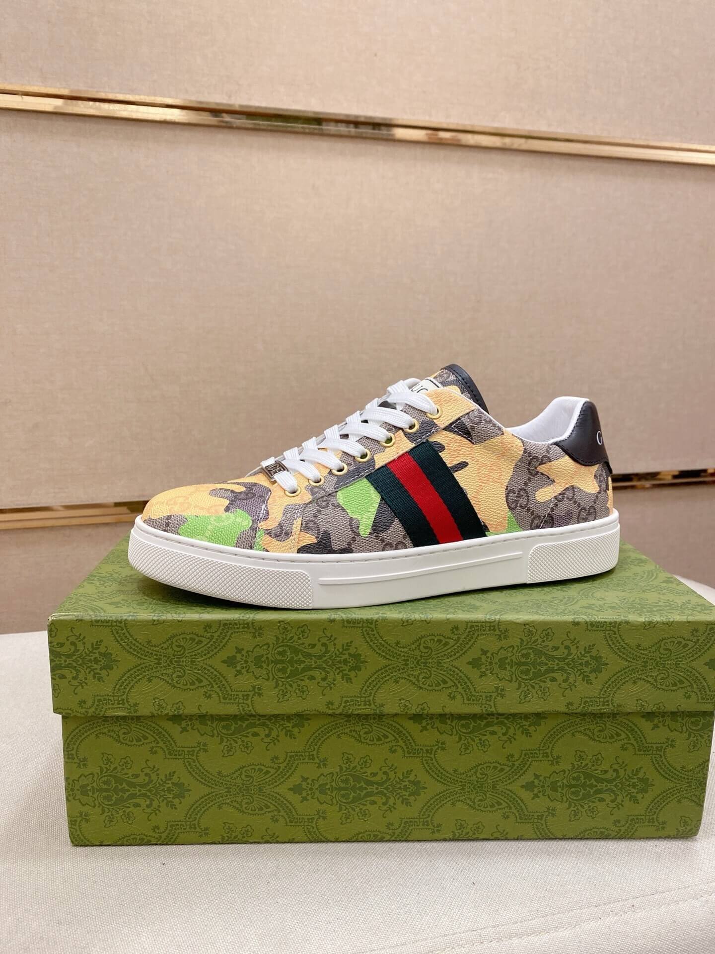 Gucci Ace Sneaker Camo GG Supreme Canvas Web Stripe 4 Gucci Ace sneakers in the GG Supreme canvas