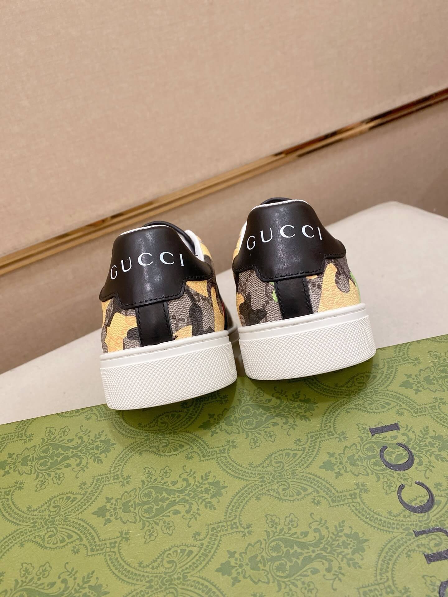 Gucci Ace Sneaker Camo GG Supreme Canvas Web Stripe 5 Gucci Ace sneakers in the GG Supreme canvas