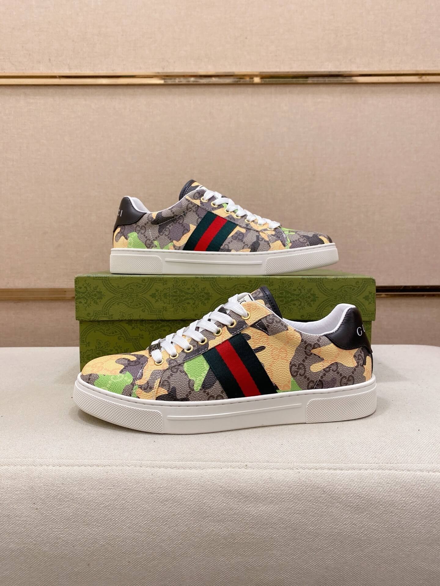 Gucci Ace Sneaker Camo GG Supreme Canvas Web Stripe 1 Gucci Ace sneakers in the GG Supreme canvas