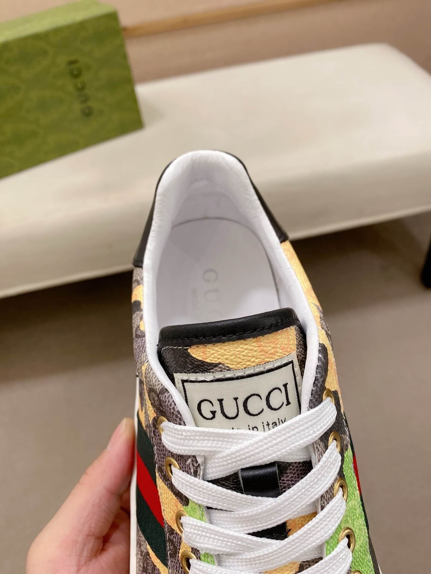 Gucci Ace Sneaker Camo GG Supreme Canvas Web Stripe 7 Gucci Ace sneakers in the GG Supreme canvas