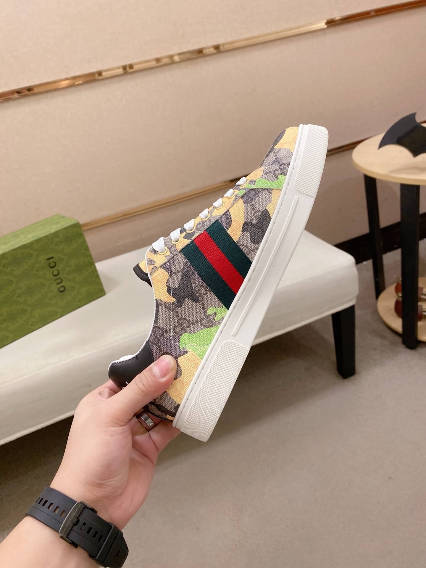 Gucci Ace Sneaker Camo GG Supreme Canvas Web Stripe 8 Gucci Ace sneakers in the GG Supreme canvas