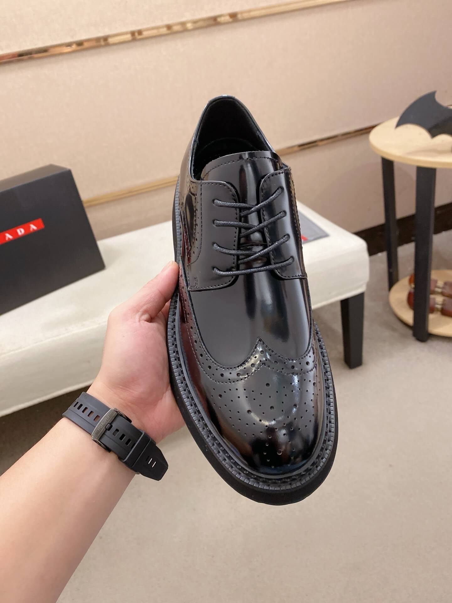 Prada Chelsea Boot Patent Leather Brogue Black Chunky Sole 6 Prada brushed leather derby shoes