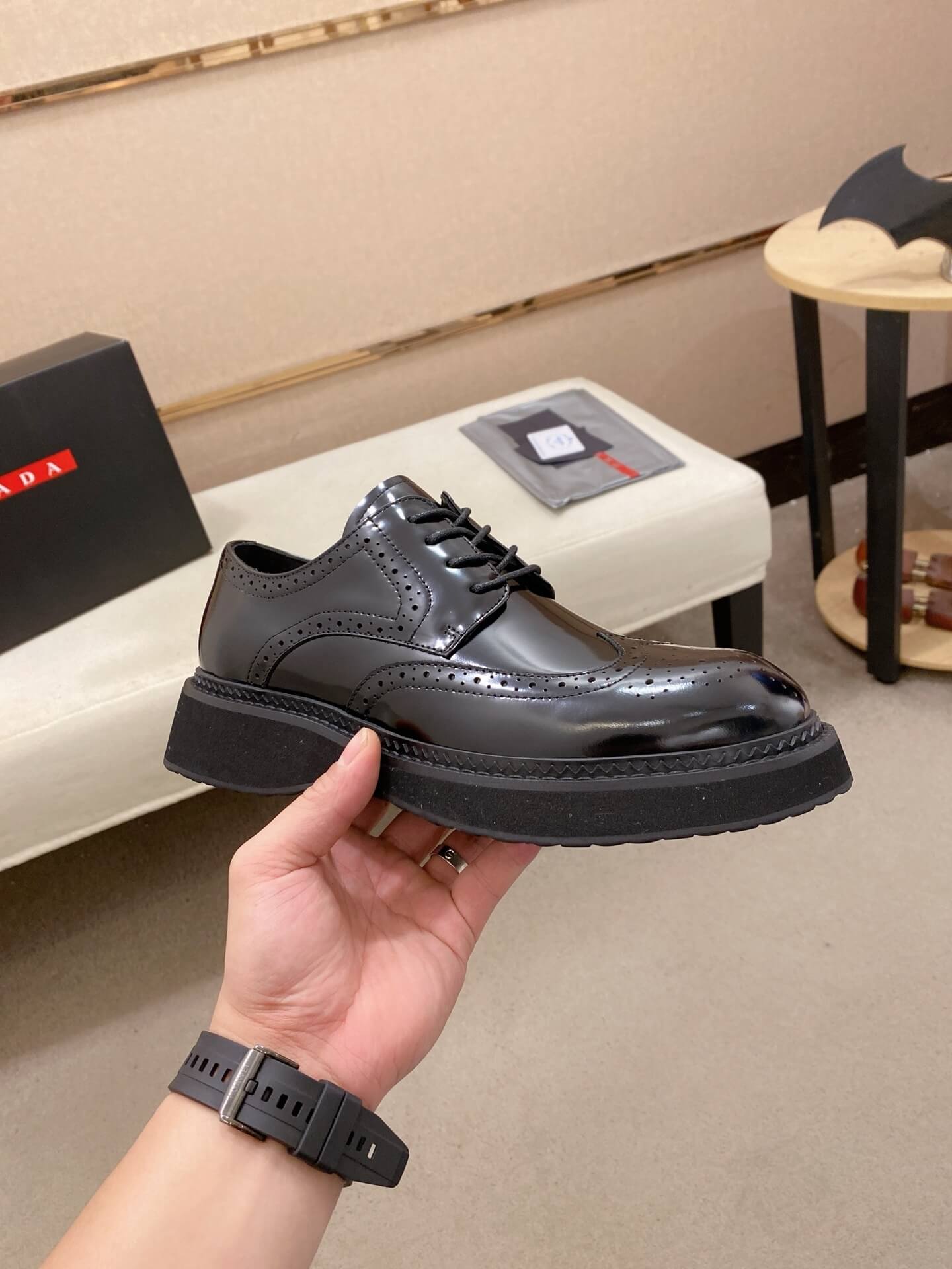 Prada Chelsea Boot Patent Leather Brogue Black Chunky Sole 8 Prada brushed leather derby shoes