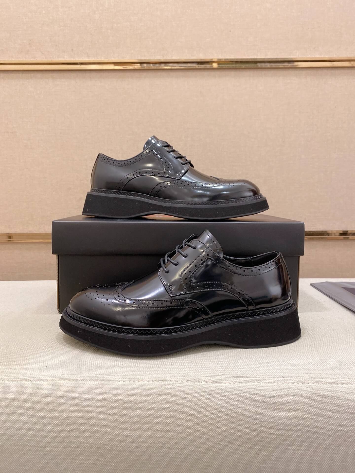 Prada Chelsea Boot Patent Leather Brogue Black Chunky Sole 1 Prada brushed leather derby shoes