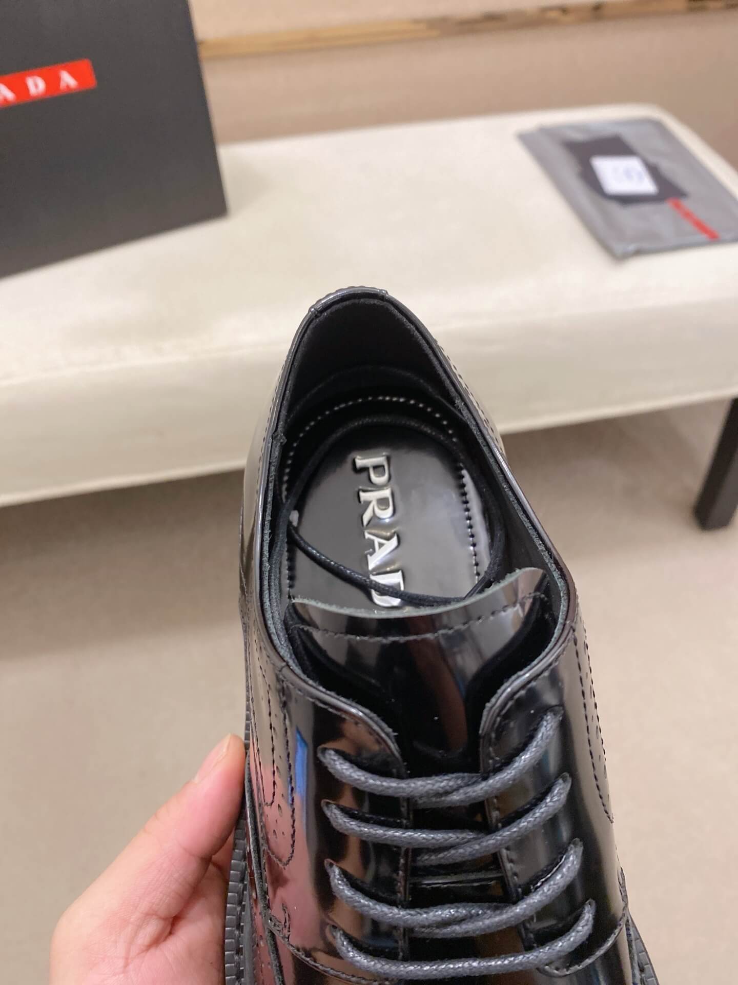 Prada Chelsea Boot Patent Leather Brogue Black Chunky Sole 9 Prada brushed leather derby shoes