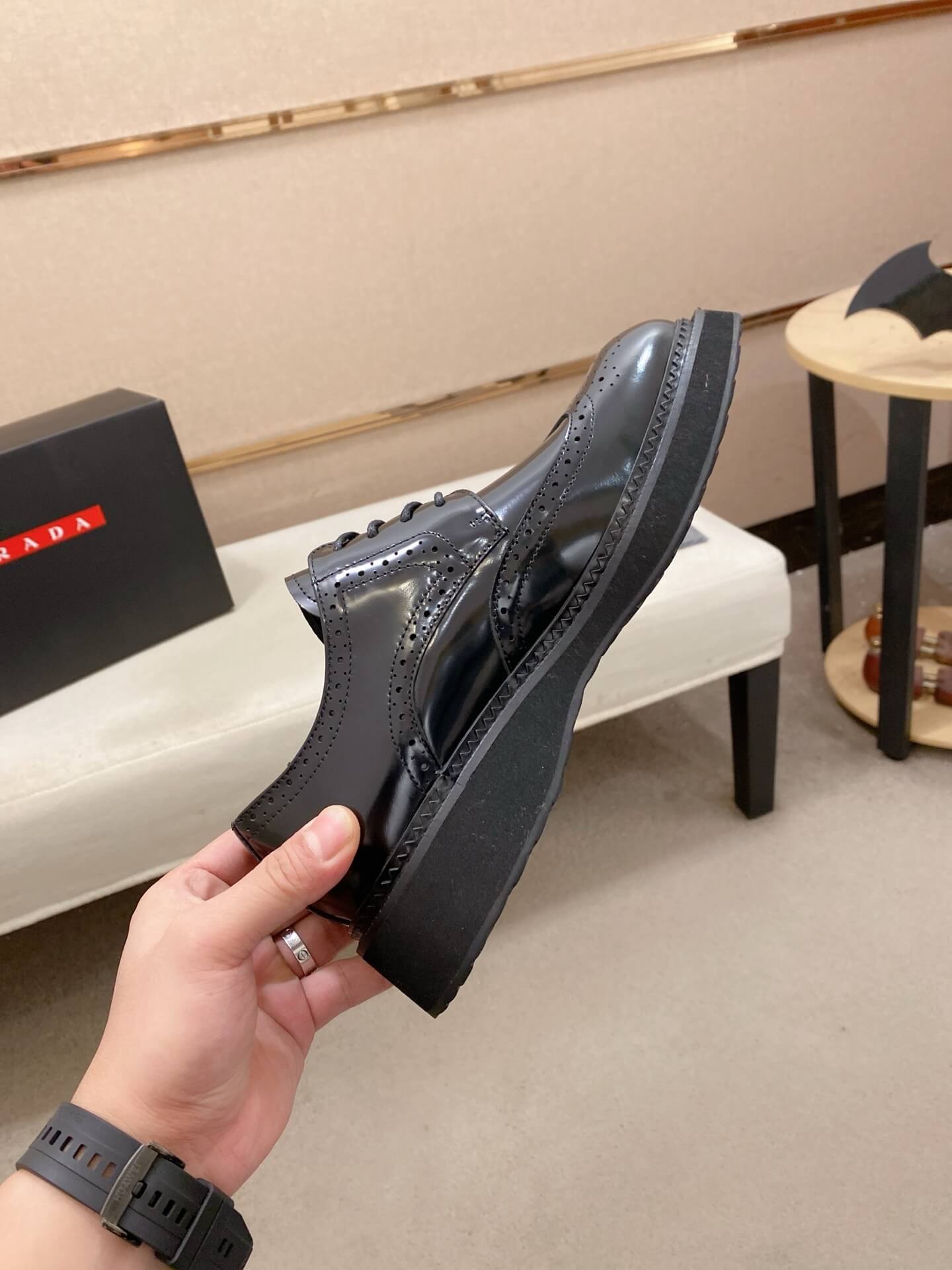 Prada Chelsea Boot Patent Leather Brogue Black Chunky Sole 10 Prada brushed leather derby shoes