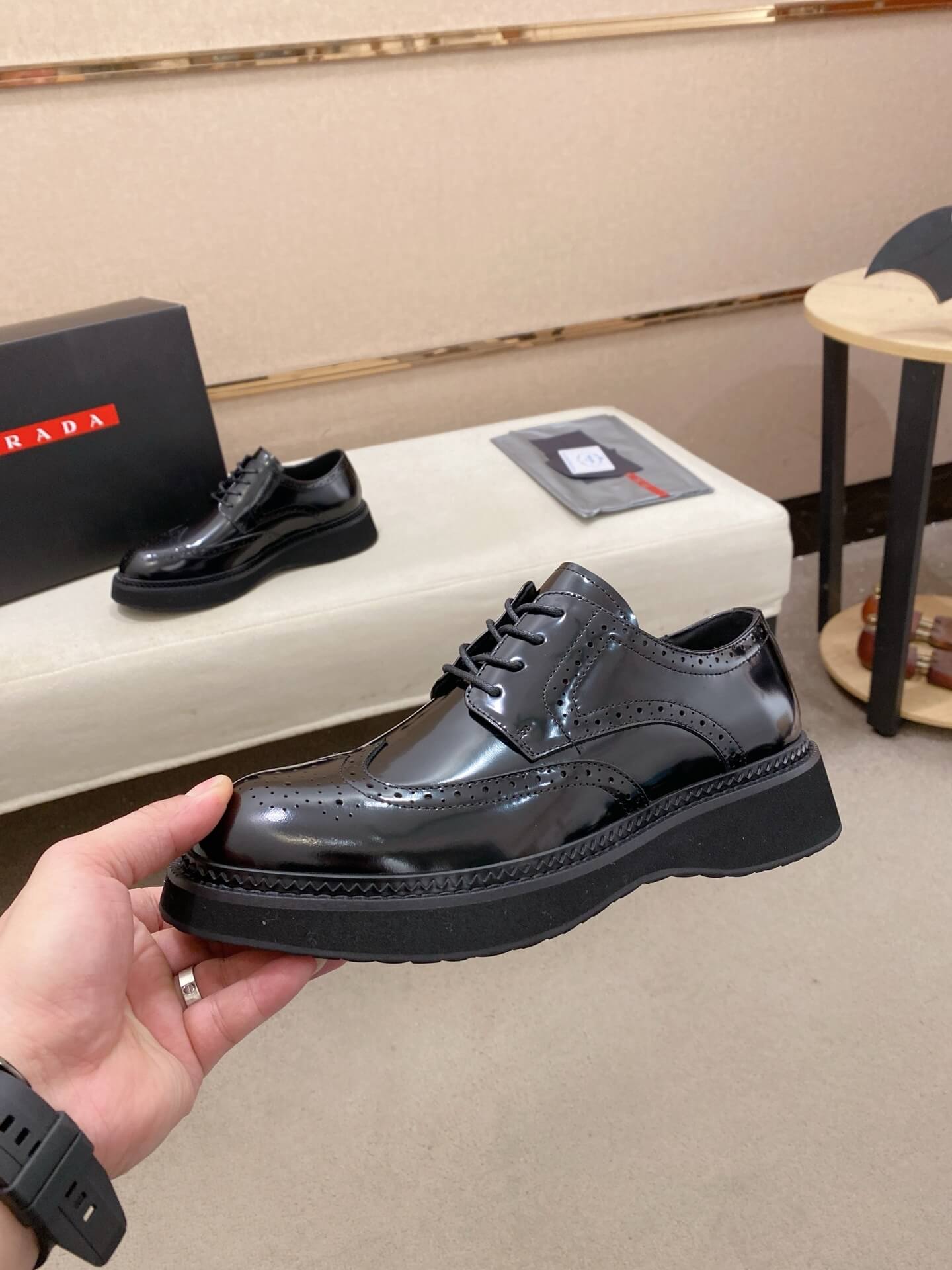 Prada Chelsea Boot Patent Leather Brogue Black Chunky Sole 2 Prada brushed leather derby shoes