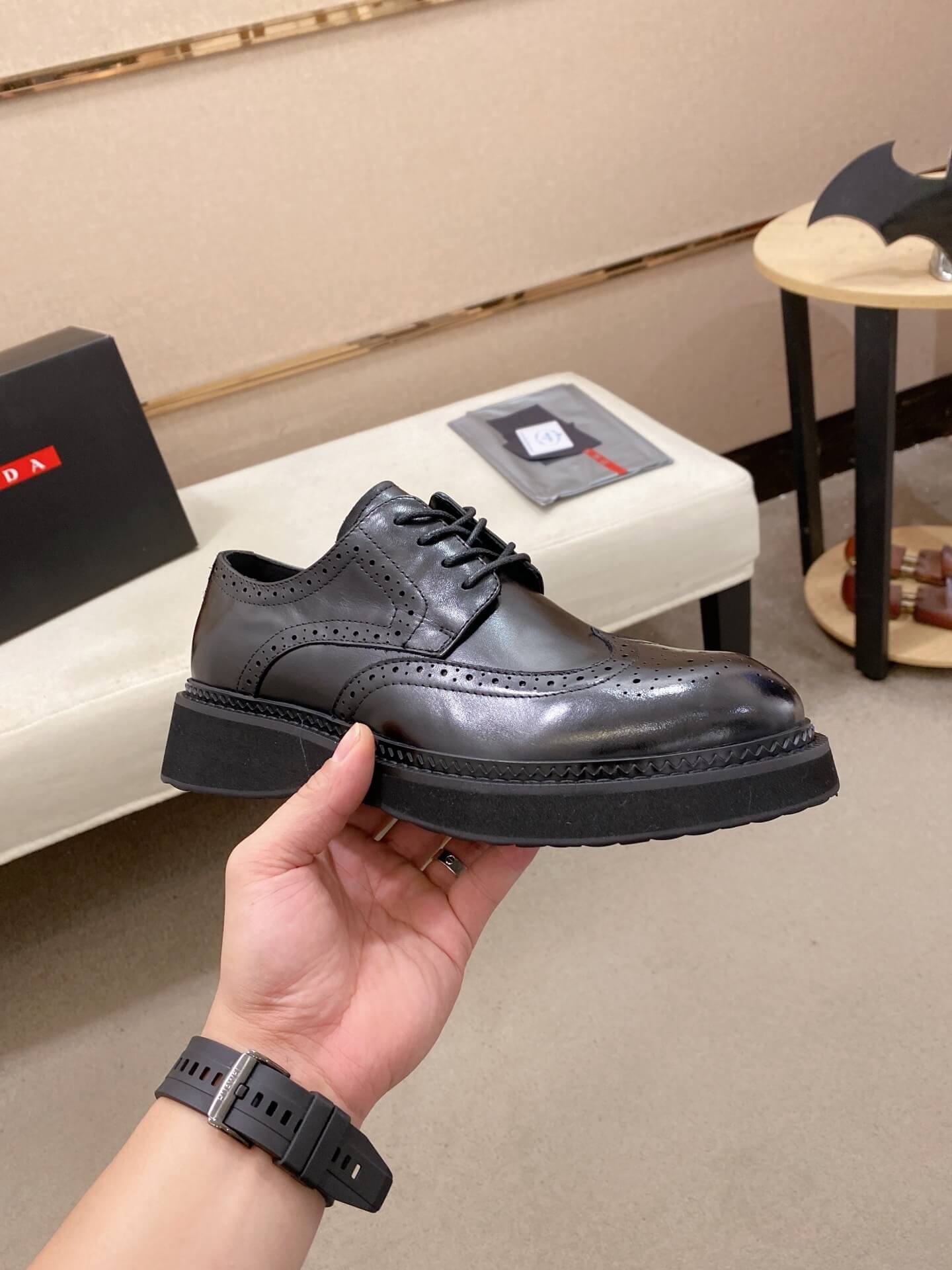 Prada Derby Shoe Brogue Detailed Leather Black Chunky Sole 4 Prada men's black leather