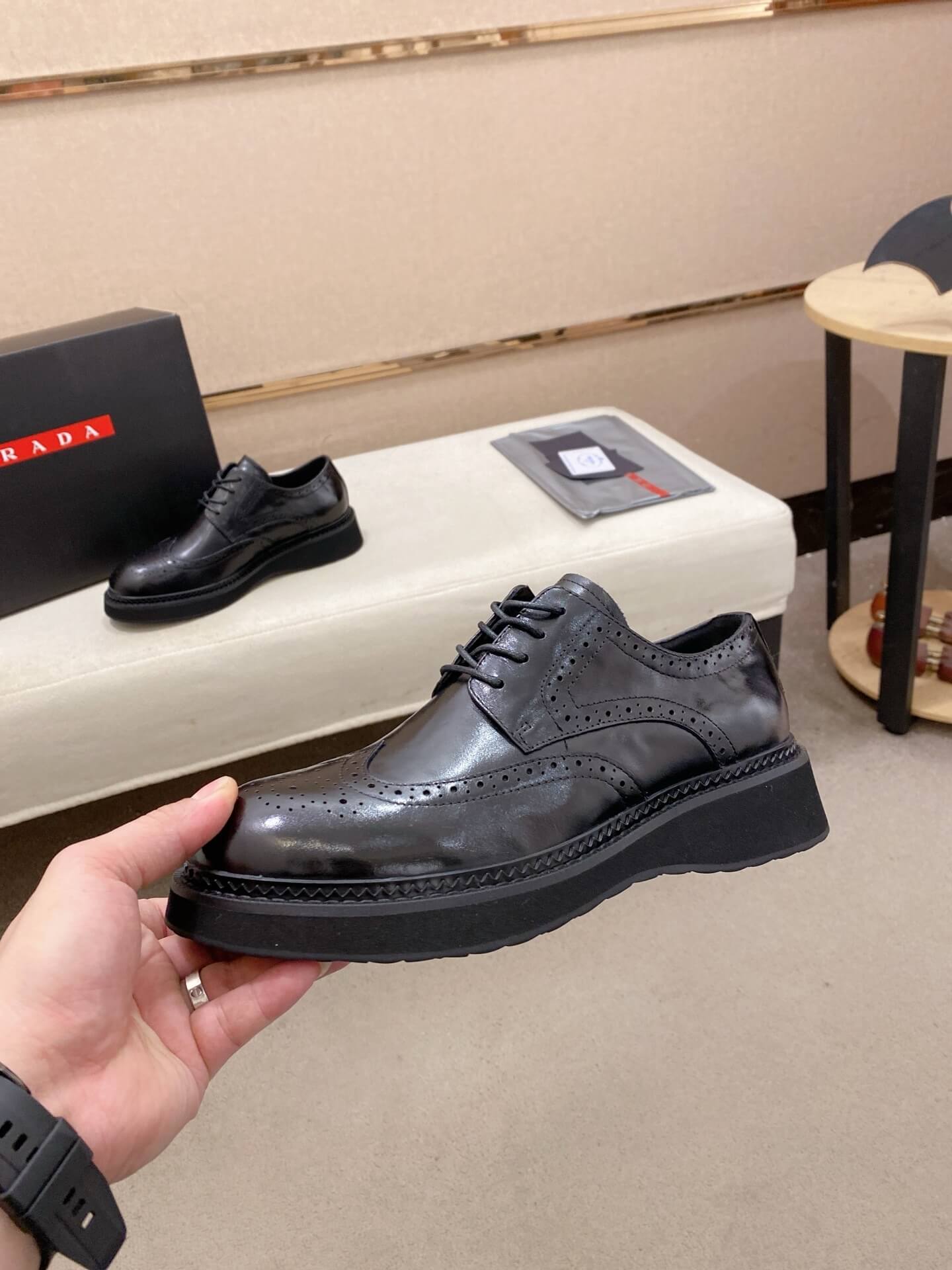 Prada Derby Shoe Brogue Detailed Leather Black Chunky Sole 6 Prada men's black leather