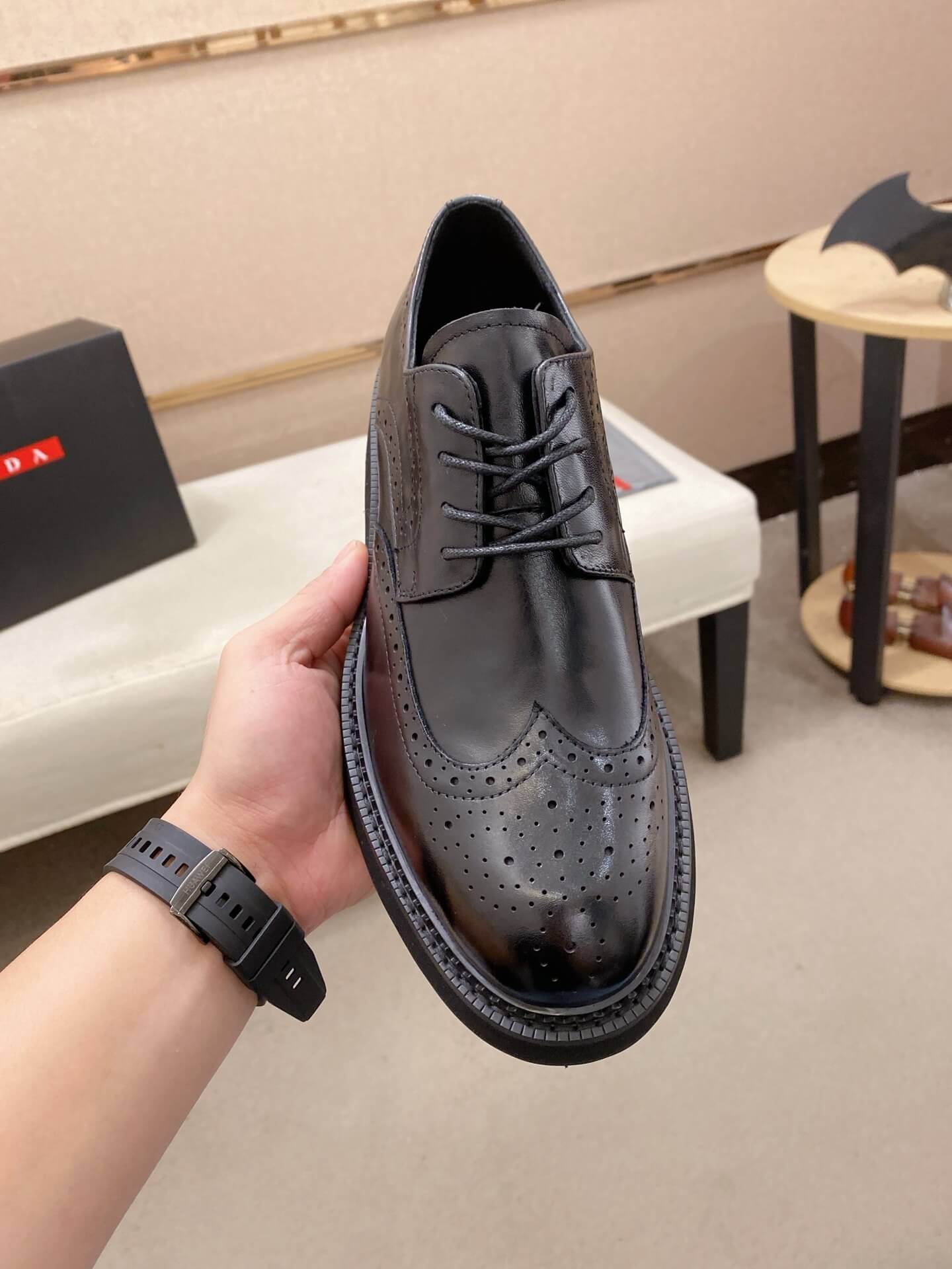 Prada Derby Shoe Brogue Detailed Leather Black Chunky Sole 9 Prada men's black leather