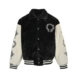 A heavy faux-fur varsity-style jacket by Chrome Hearts is Replica