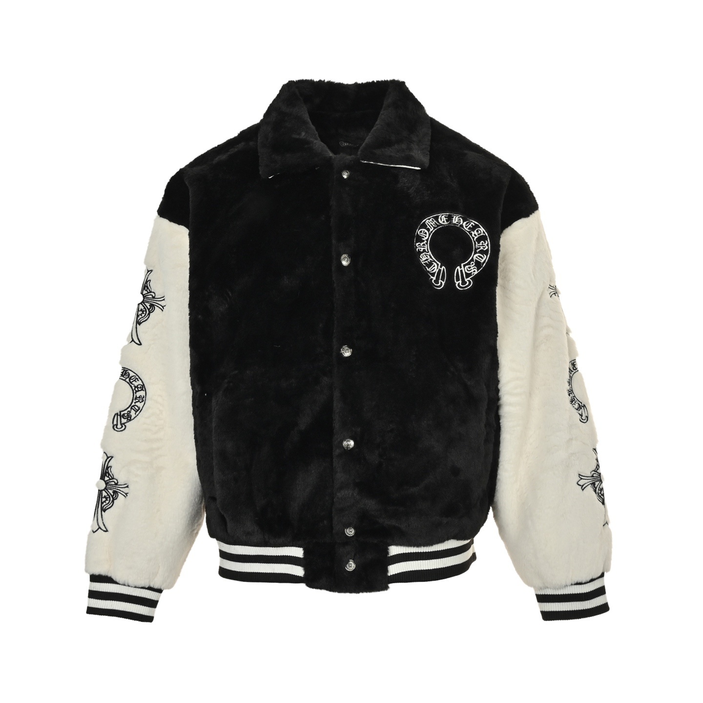 A heavy faux-fur varsity-style jacket by Chrome Hearts is Replica