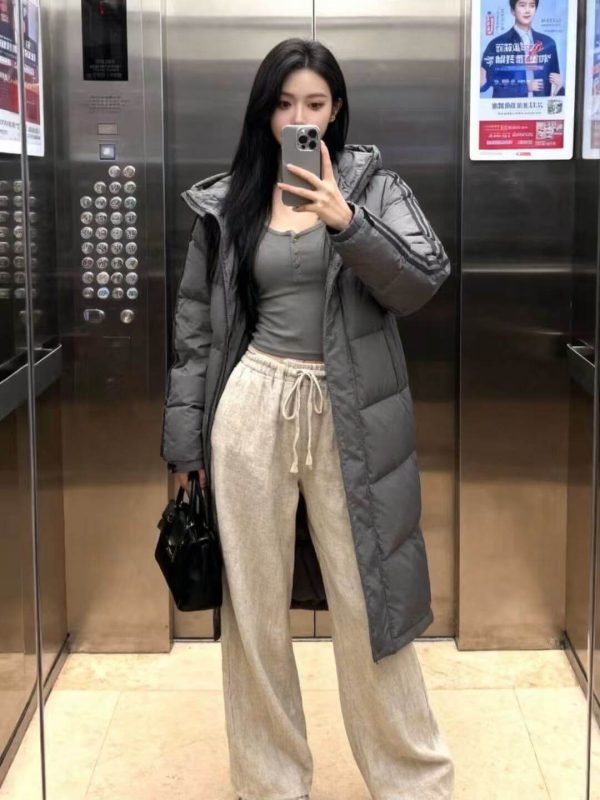 Adidas 3-Stripes Long Down Jacket- Grey (2) Adidas 3-Stripes Long Down Jacket- Grey