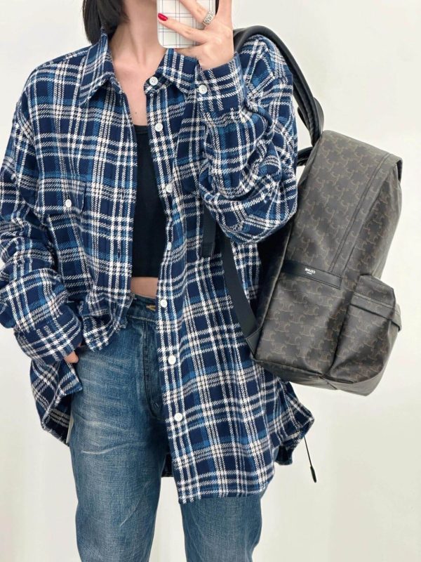 Celine Checked Cotton Loose Lumberjack Shirt- Navy Blue (1) Celine Checked Cotton Loose Lumberjack Shirt- Navy Blue