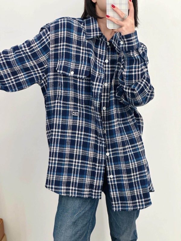 Celine Checked Cotton Loose Lumberjack Shirt- Navy Blue (2) Celine Checked Cotton Loose Lumberjack Shirt- Navy Blue