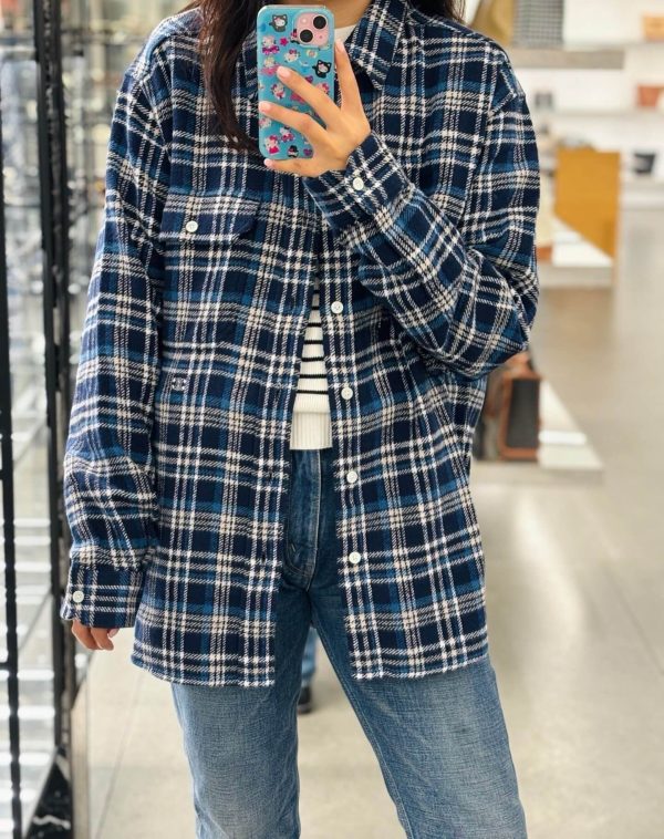 Celine Checked Cotton Loose Lumberjack Shirt- Navy Blue (3) Celine Checked Cotton Loose Lumberjack Shirt- Navy Blue