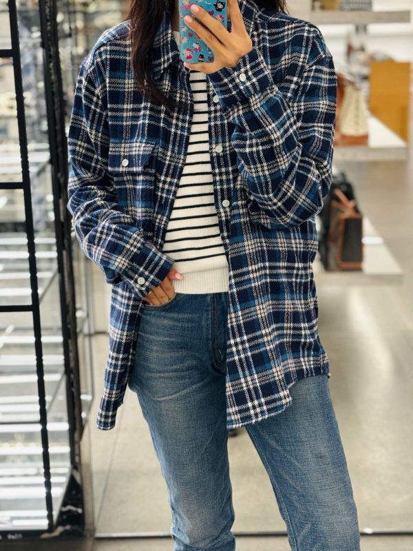 Celine Checked Cotton Loose Lumberjack Shirt- Navy Blue (4) Celine Checked Cotton Loose Lumberjack Shirt- Navy Blue