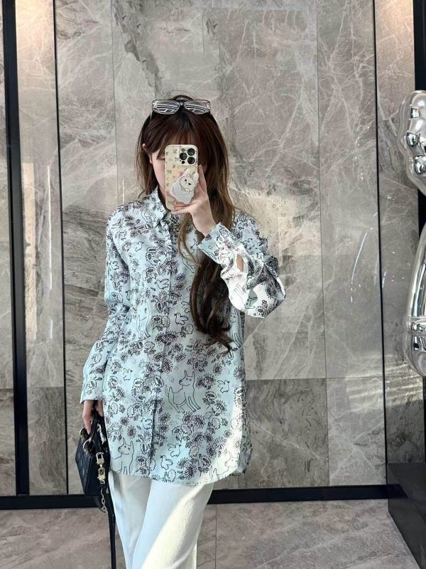 Dior Floral and Bird Print long-sleeved shirt- Light Blue