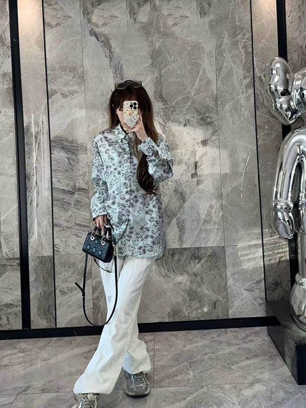 Dior Floral and Bird Print long-sleeved shirt- Light Blue